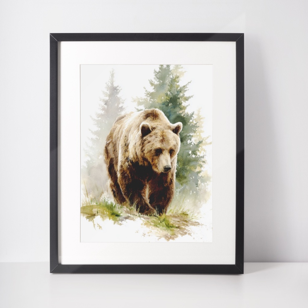 Watercolor Brown Bear Forest Wall Art Print, Unframed Misty Grizzly Illustration - Picture 3 of 5